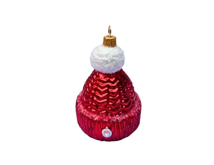 Boule de Noël originale verre soufflé bonnet tricoté rouge brillant pompon blanc neigeux H8cm - Lilosquare