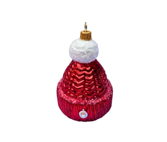 Boule de Noël originale verre soufflé bonnet tricoté rouge brillant pompon blanc neigeux H8cm - Lilosquare