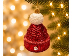 Boule de Noël originale verre soufflé bonnet tricoté rouge brillant pompon blanc neigeux H8cm - Lilosquare