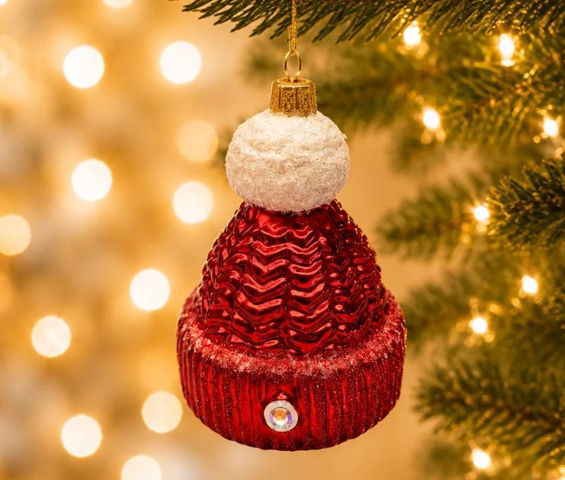 Boule de Noël originale verre soufflé bonnet tricoté rouge brillant pompon blanc neigeux H8cm - Lilosquare