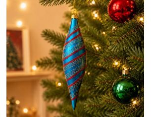 Goutte de Noël en verre soufflé style rétro bleu canard mat spirales pailletées rose fuchsia H11cm - Lilosquare