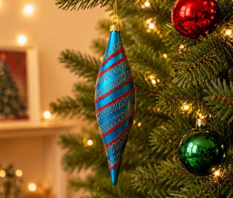 Goutte de Noël en verre soufflé style rétro bleu canard mat spirales pailletées rose fuchsia H11cm - Lilosquare