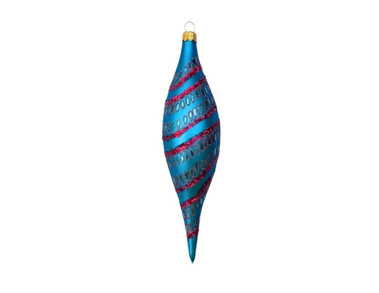 Goutte de Noël en verre soufflé style rétro bleu canard mat spirales pailletées rose fuchsia H11cm - Lilosquare