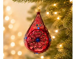 Goutte de Noël en verre soufflé bordeaux brillant rosace dorée strass saphir bleu paillettes H11cm - Lilosquare