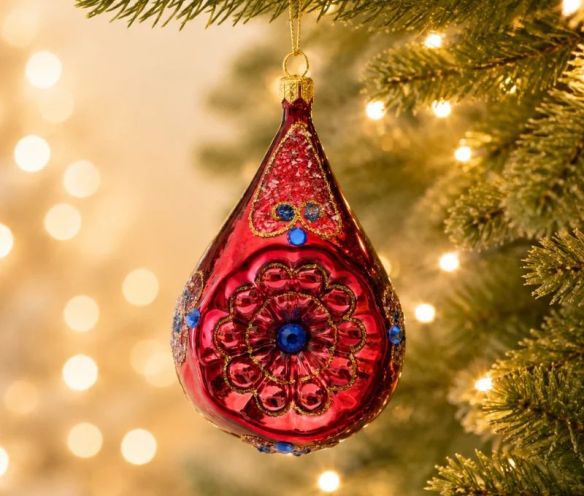 Goutte de Noël en verre soufflé bordeaux brillant rosace dorée strass saphir bleu paillettes H11cm - Lilosquare