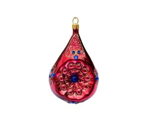 Goutte de Noël en verre soufflé bordeaux brillant rosace dorée strass saphir bleu paillettes H11cm - Lilosquare