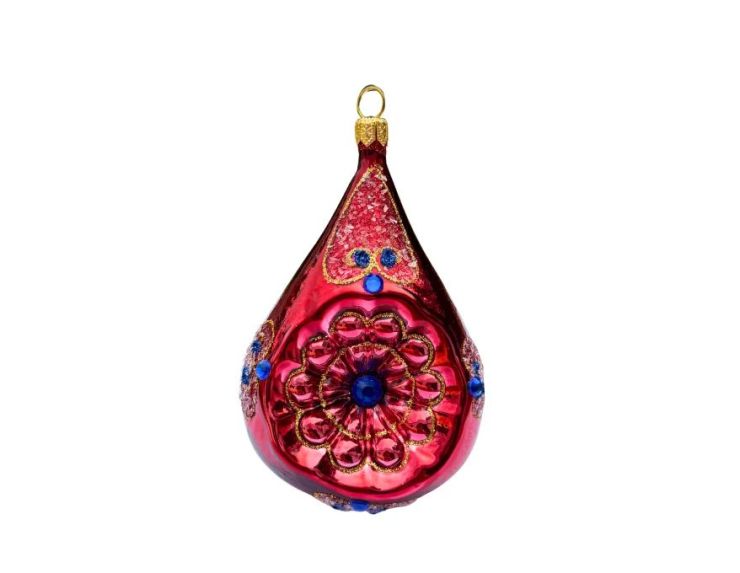 Goutte de Noël en verre soufflé bordeaux brillant rosace dorée strass saphir bleu paillettes H11cm - Lilosquare