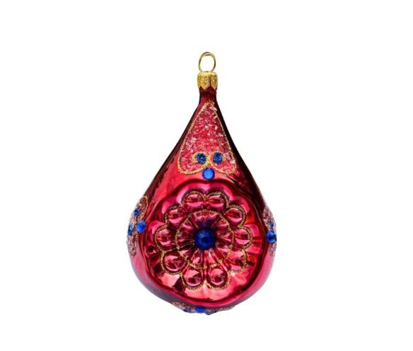 Goutte de Noël en verre soufflé bordeaux brillant rosace dorée strass saphir bleu paillettes H11cm - Lilosquare
