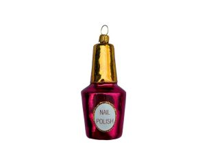 Suspension de Noël en verre soufflé en forme de flacon de vernis à ongles fuchsia et or H 10 cm sur fond blanc