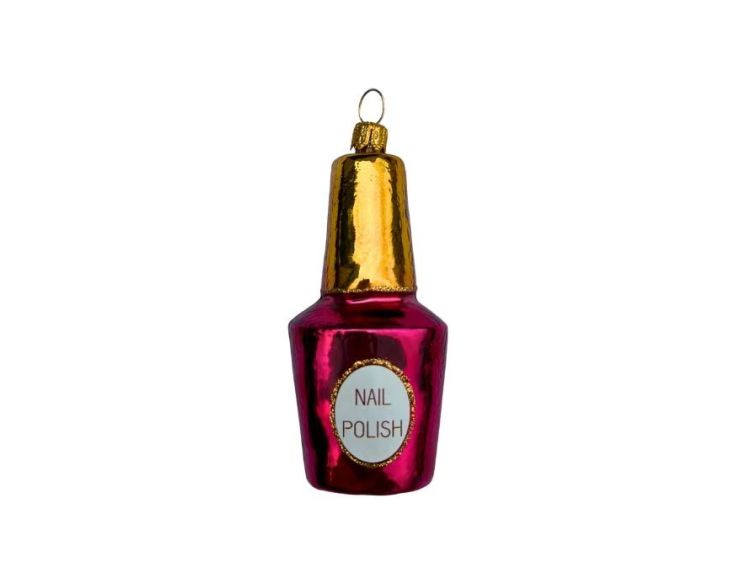 Suspension de Noël en verre soufflé en forme de flacon de vernis à ongles fuchsia et or H 10 cm sur fond blanc