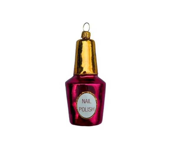 Suspension de Noël en verre soufflé en forme de flacon de vernis à ongles fuchsia et or H 10 cm sur fond blanc