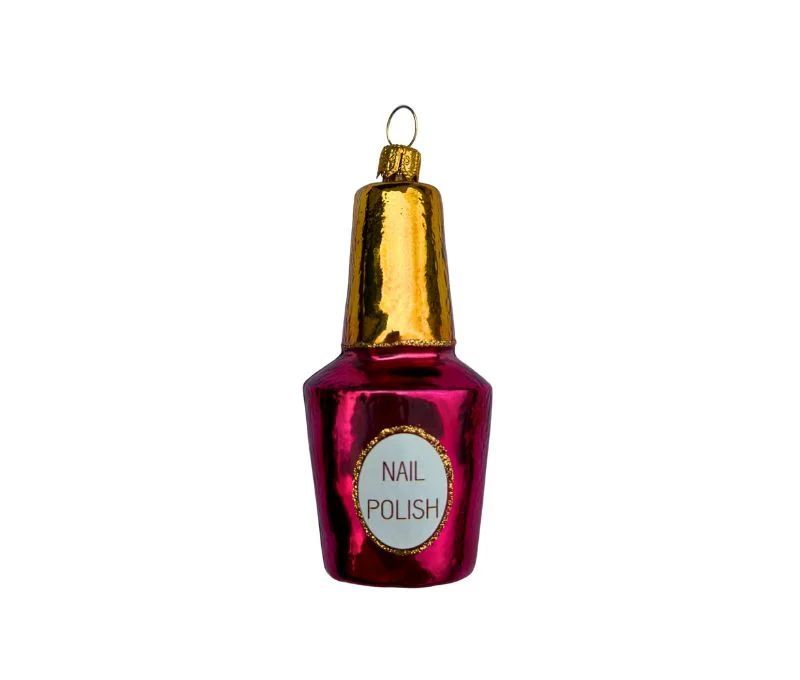 Suspension de Noël en verre soufflé en forme de flacon de vernis à ongles fuchsia et or H 10 cm sur fond blanc