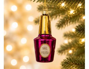 Suspension de Noël en verre soufflé en forme de flacon de vernis à ongles fuchsia et or H 10 cm sur fond blanc