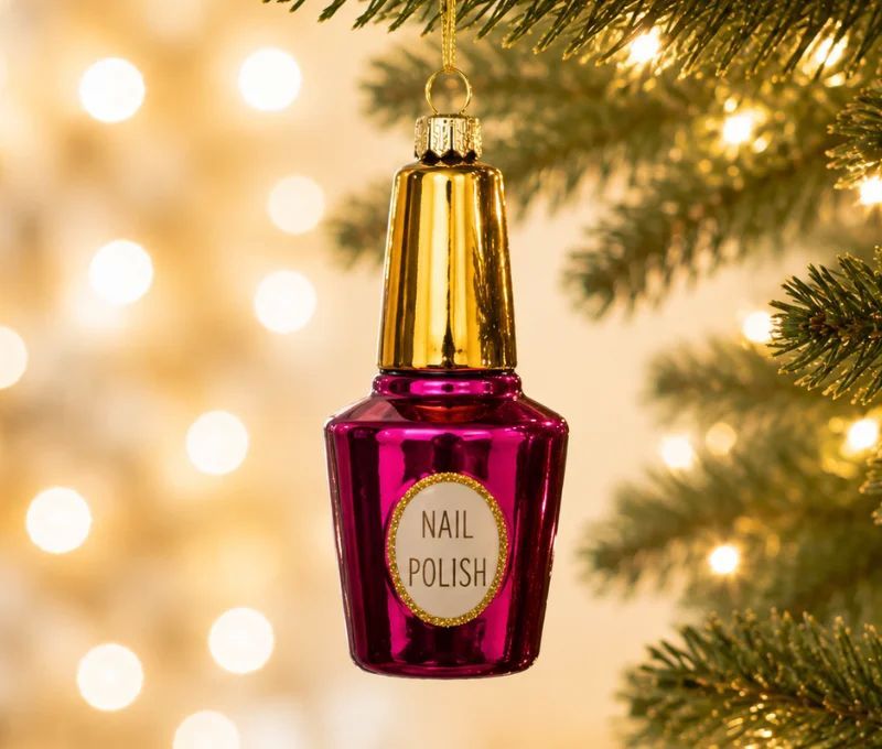 Suspension de Noël en verre soufflé en forme de flacon de vernis à ongles fuchsia et or H 10 cm sur fond blanc