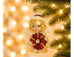 Suspension Noël verre soufflé ange nacré bonnet blanc cheveux dorés tenant couronne de Noël rouge et or H12cm - Lilosquare