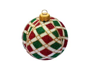 Boule de Noël verre soufflé motif arlequin losanges pailletés rouge vert fond blanc quadrillage doré Ø8cm - Lilosquare