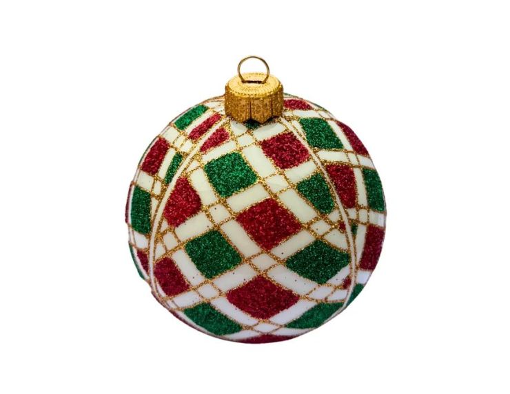 Boule de Noël verre soufflé motif arlequin losanges pailletés rouge vert fond blanc quadrillage doré Ø8cm - Lilosquare