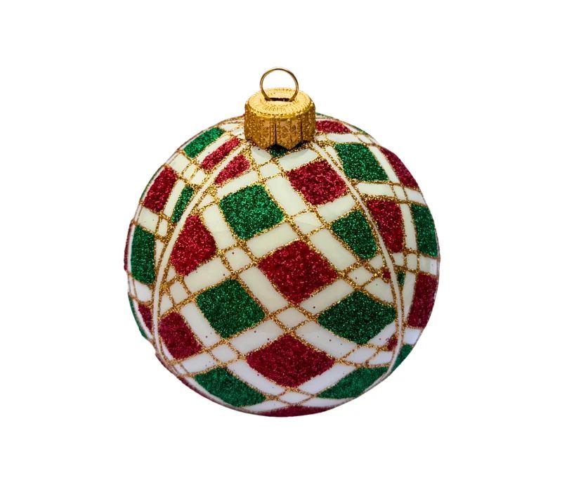 Boule de Noël verre soufflé motif arlequin losanges pailletés rouge vert fond blanc quadrillage doré Ø8cm - Lilosquare