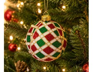 Boule de Noël verre soufflé motif arlequin losanges pailletés rouge vert fond blanc quadrillage doré Ø8cm - Lilosquare