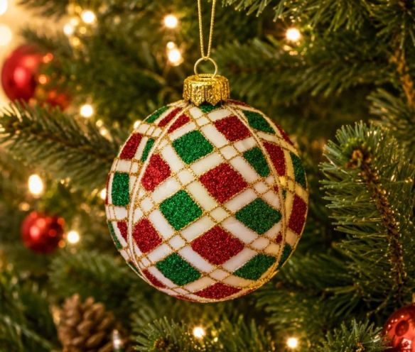 Boule de Noël verre soufflé motif arlequin losanges pailletés rouge vert fond blanc quadrillage doré Ø8cm - Lilosquare