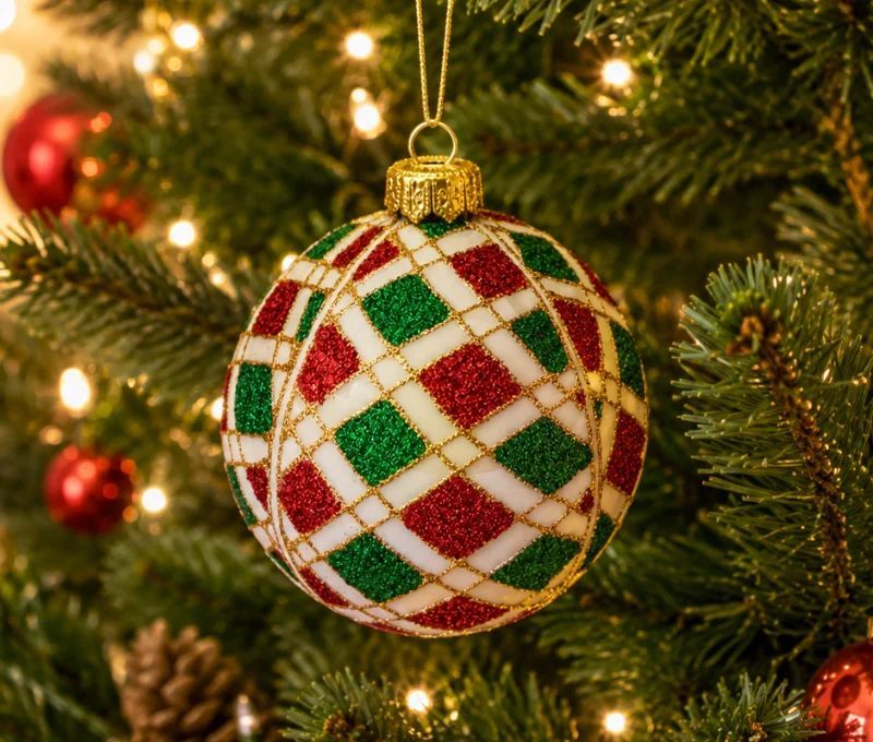 Boule de Noël verre soufflé motif arlequin losanges pailletés rouge vert fond blanc quadrillage doré Ø8cm - Lilosquare