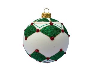 Boule de Noël verre soufflé blanche mate motif losanges verts pailletés points rouges lignes dorées Ø8cm - Lilosquare