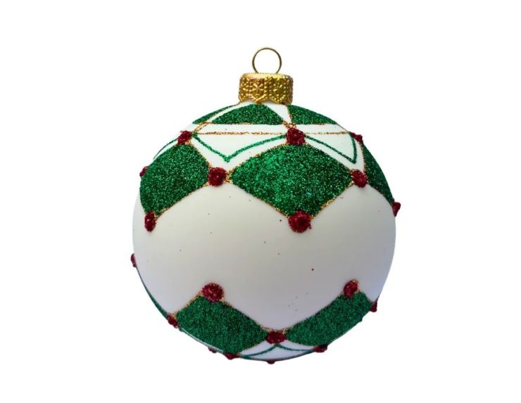 Boule de Noël verre soufflé blanche mate motif losanges verts pailletés points rouges lignes dorées Ø8cm - Lilosquare