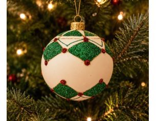 Boule de Noël verre soufflé blanche mate motif losanges verts pailletés points rouges lignes dorées Ø8cm - Lilosquare