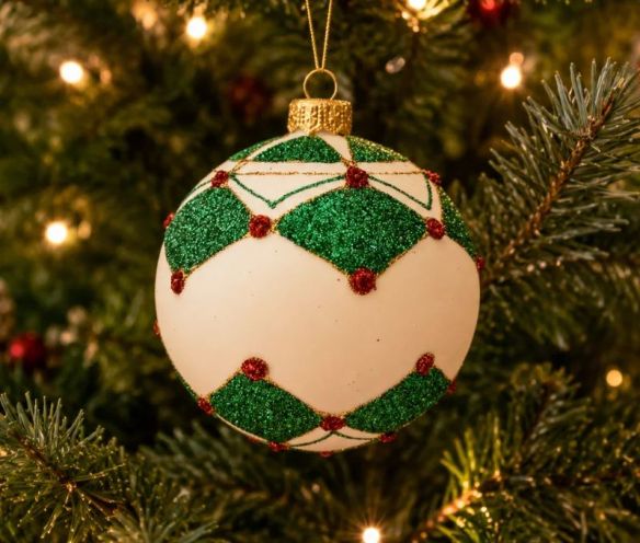 Boule de Noël verre soufflé blanche mate motif losanges verts pailletés points rouges lignes dorées Ø8cm - Lilosquare