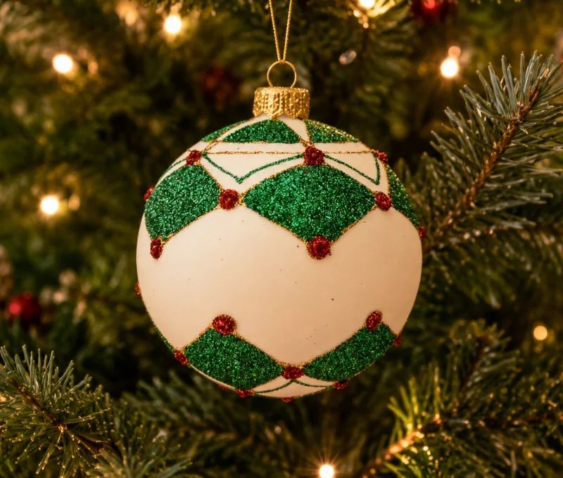 Boule de Noël verre soufflé blanche mate motif losanges verts pailletés points rouges lignes dorées Ø8cm - Lilosquare