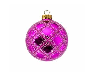 Boule de Noël verre soufflé fuchsia brillant motif rétro quadrillage losanges pailletés roses Ø8cm - Lilosquare