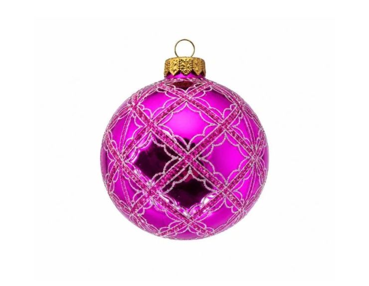 Boule de Noël verre soufflé fuchsia brillant motif rétro quadrillage losanges pailletés roses Ø8cm - Lilosquare