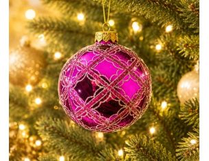 Boule de Noël verre soufflé fuchsia brillant motif rétro quadrillage losanges pailletés roses Ø8cm - Lilosquare