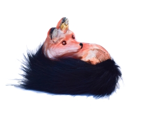 Boule de Noël originale renard roux, fausse fourrure noire.  verre soufflé H 13cm.