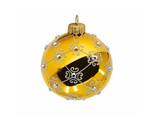 Boule de Noël verre soufflé dorée brillant arabesques argentées pailletées cristaux irisés quadrillage Ø8cm - Lilosquare