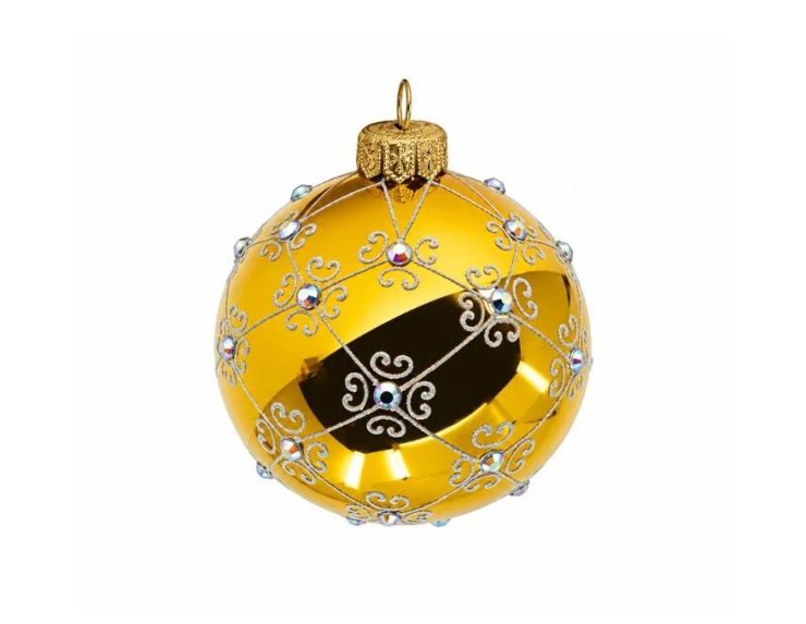 Boule de Noël verre soufflé dorée brillant arabesques argentées pailletées cristaux irisés quadrillage Ø8cm - Lilosquare