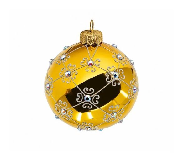 Boule de Noël verre soufflé dorée brillant arabesques argentées pailletées cristaux irisés quadrillage Ø8cm - Lilosquare