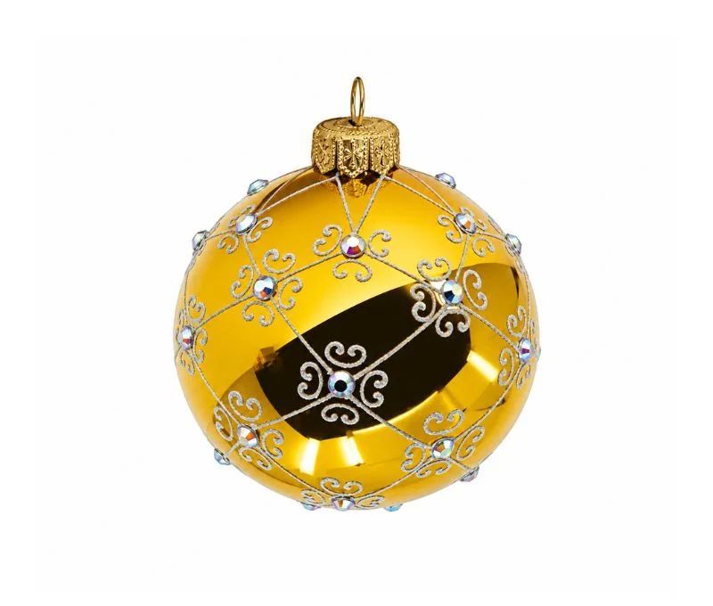 Boule de Noël verre soufflé dorée brillant arabesques argentées pailletées cristaux irisés quadrillage Ø8cm - Lilosquare