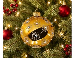 Boule de Noël verre soufflé dorée brillant arabesques argentées pailletées cristaux irisés quadrillage Ø8cm - Lilosquare
