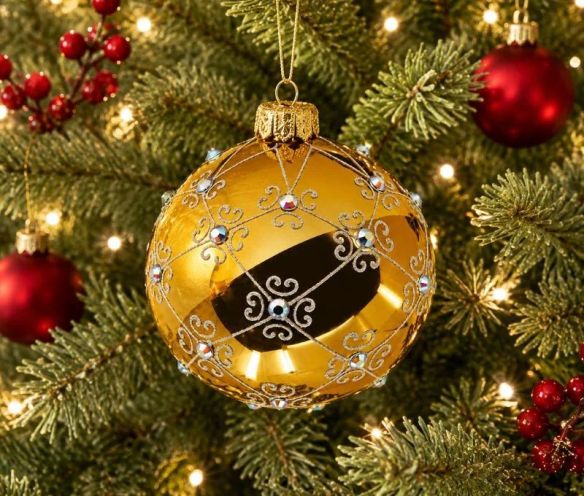 Boule de Noël verre soufflé dorée brillant arabesques argentées pailletées cristaux irisés quadrillage Ø8cm - Lilosquare