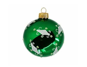 Boule de Noël verre soufflé vert sapin brillant arabesques argentées pailletées cristaux verts losanges argent Ø8cm - Lilosquare