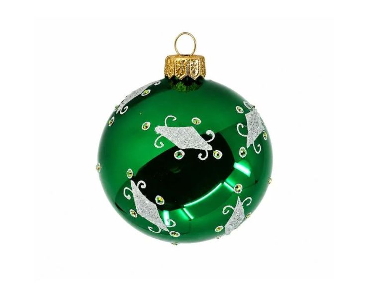 Boule de Noël verre soufflé vert sapin brillant arabesques argentées pailletées cristaux verts losanges argent Ø8cm - Lilosquare