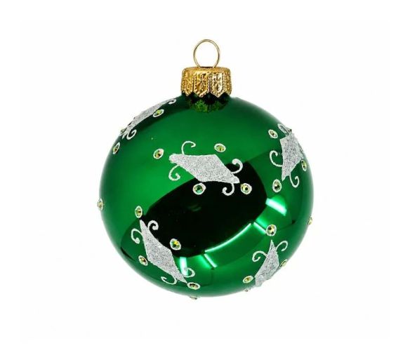 Boule de Noël verre soufflé vert sapin brillant arabesques argentées pailletées cristaux verts losanges argent Ø8cm - Lilosquare