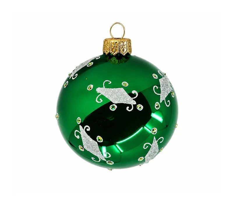 Boule de Noël verre soufflé vert sapin brillant arabesques argentées pailletées cristaux verts losanges argent Ø8cm - Lilosquare