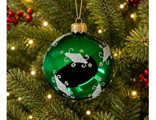 Boule de Noël verre soufflé vert sapin brillant arabesques argentées pailletées cristaux verts losanges argent Ø8cm - Lilosquare