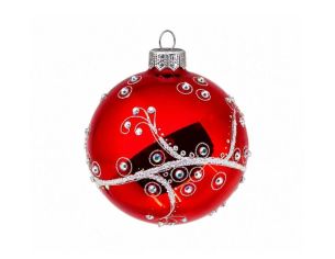 Boule de Noël verre soufflé rouge brillant volutes argentées pailletées cristaux irisés cercles argentés Ø8cm - Lilosquare
