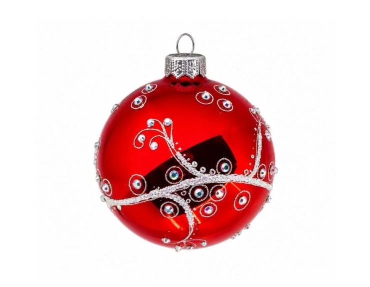 Boule de Noël verre soufflé rouge brillant volutes argentées pailletées cristaux irisés cercles argentés Ø8cm - Lilosquare