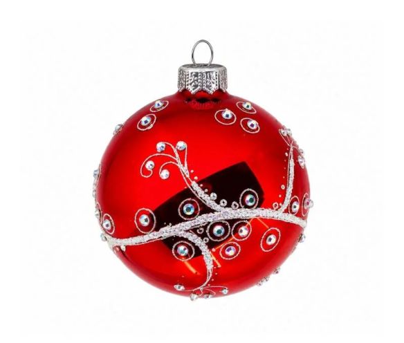 Boule de Noël verre soufflé rouge brillant volutes argentées pailletées cristaux irisés cercles argentés Ø8cm - Lilosquare