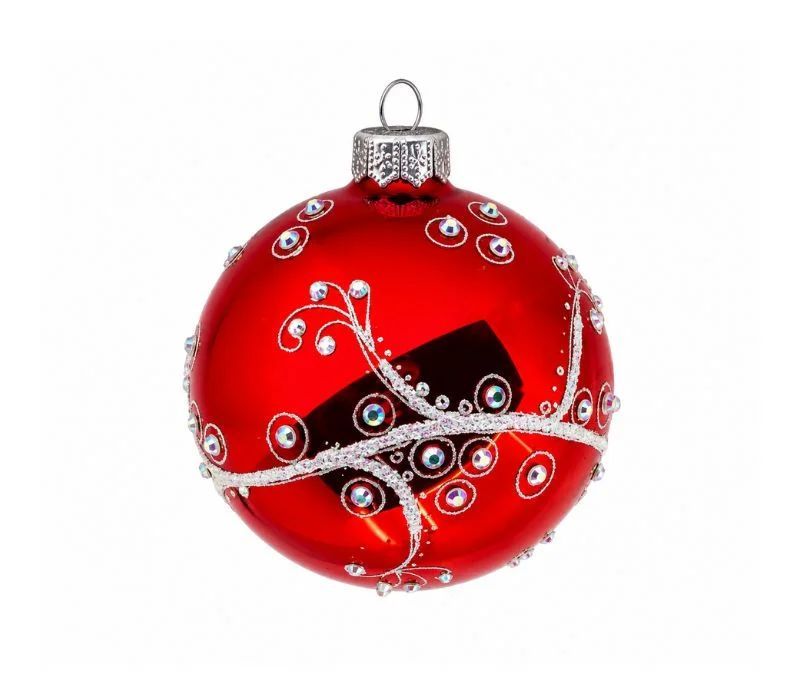 Boule de Noël verre soufflé rouge brillant volutes argentées pailletées cristaux irisés cercles argentés Ø8cm - Lilosquare
