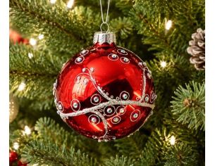 Boule de Noël verre soufflé rouge brillant volutes argentées pailletées cristaux irisés cercles argentés Ø8cm - Lilosquare